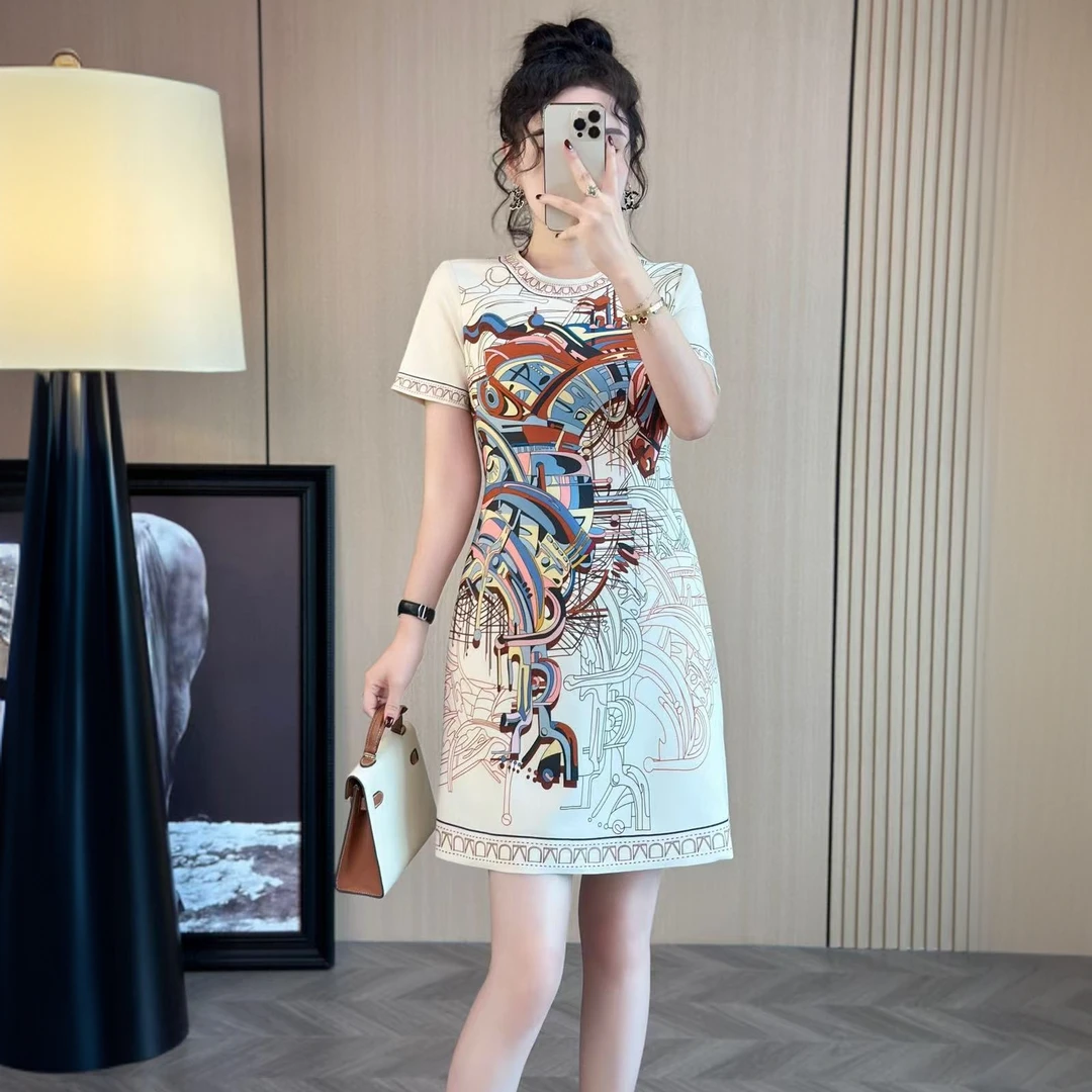 春夏新款大牌范几何复古印花修身气质时尚显瘦中长款洋气连衣裙