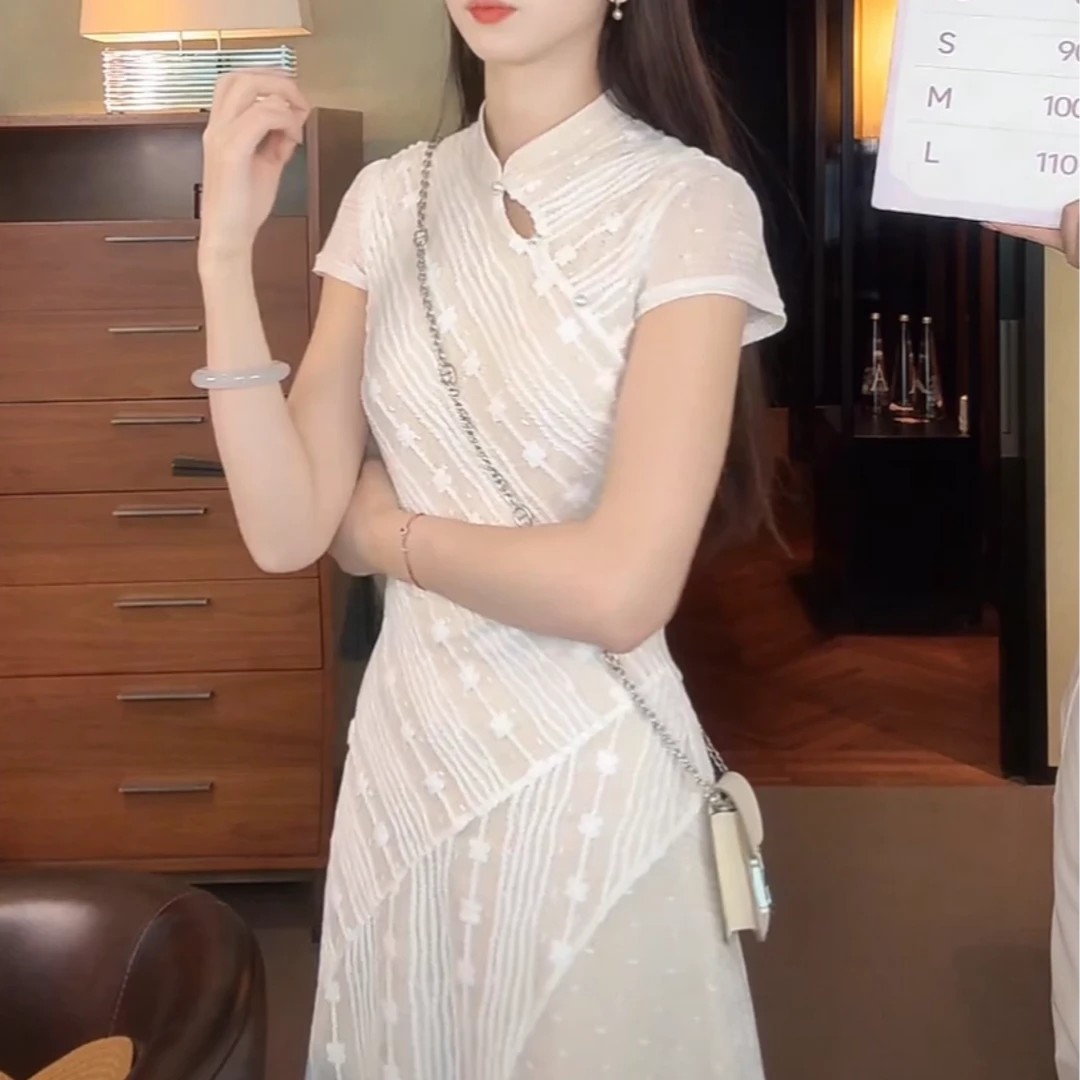 【冰蚕语】国风新中式条纹提花裙优雅气质朦胧性感收腰显瘦旗袍 041