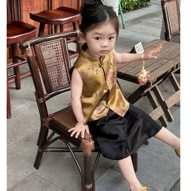 中国风童装夏季唐装宽松套装复古金色中式马甲服装半身裙