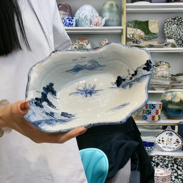 新品五【单支】日本进口濑户烧手绘山水手作船型钵碗19cm×11.5cm