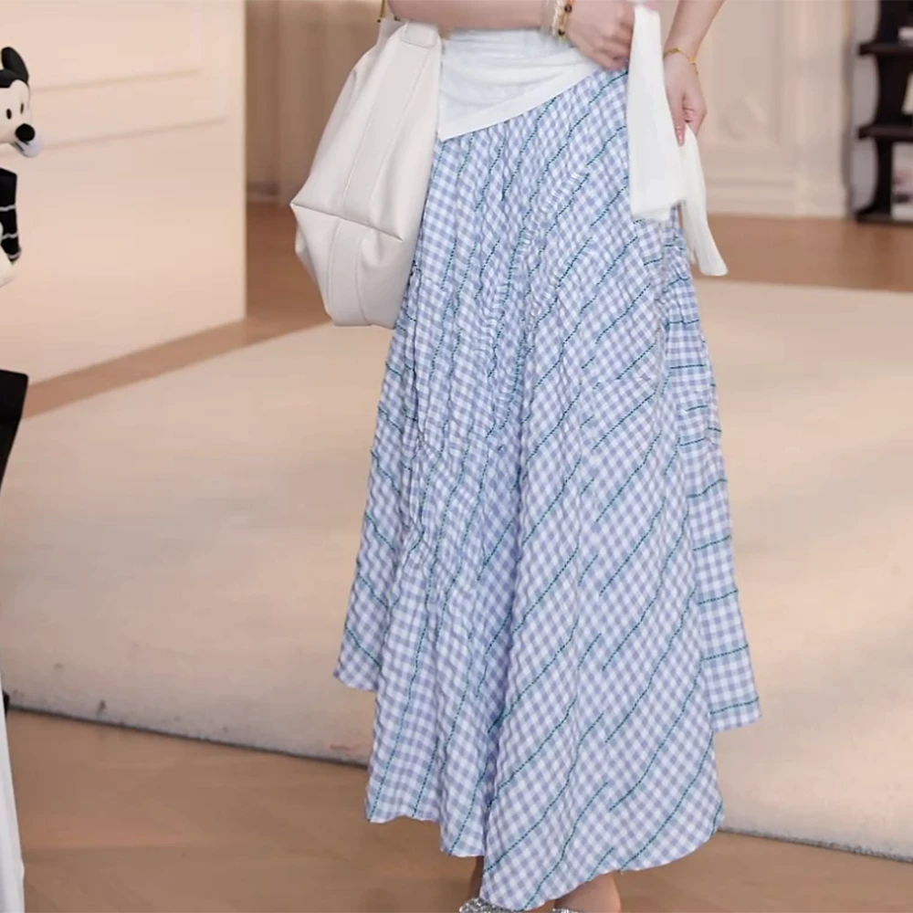【山间经纬】显瘦气质松紧腰斜纹不规则格子半身裙