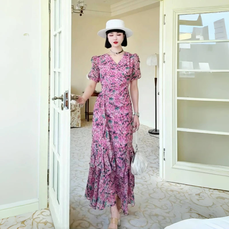 拍照连衣裙中长裙松紧腰高腰碎花通勤连衣裙夏季印花长裙中长款潮