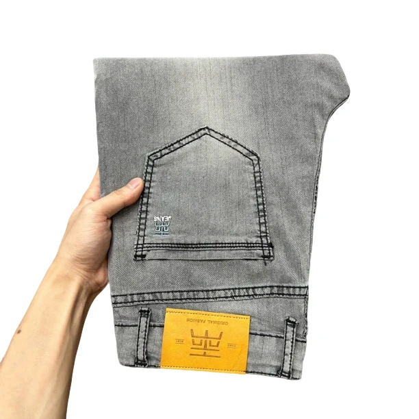 夏季新款潮牌薄款烟灰色牛仔裤男磨白水洗弹力修身小直筒潮流男装