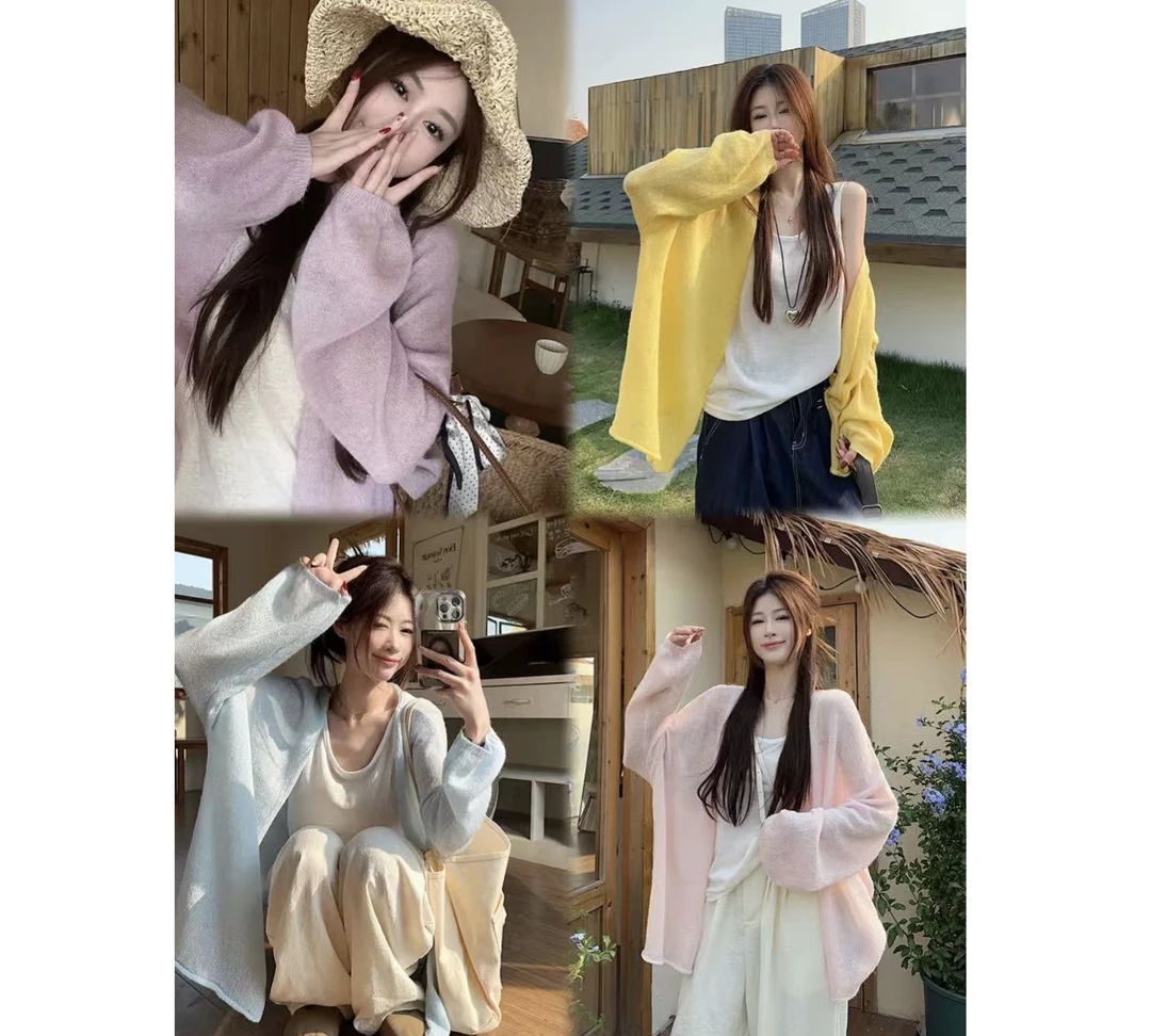 2025春夏新款灯笼袖开衫款百搭外穿薄款毛针织衫设计感慵懒风女