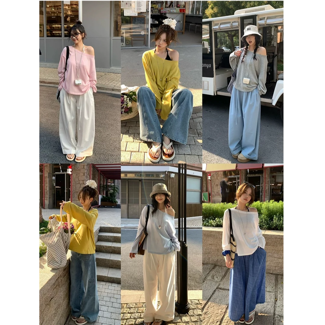 新款纯色露肩防晒T春秋显瘦休闲外穿薄款宽松洋气韩版