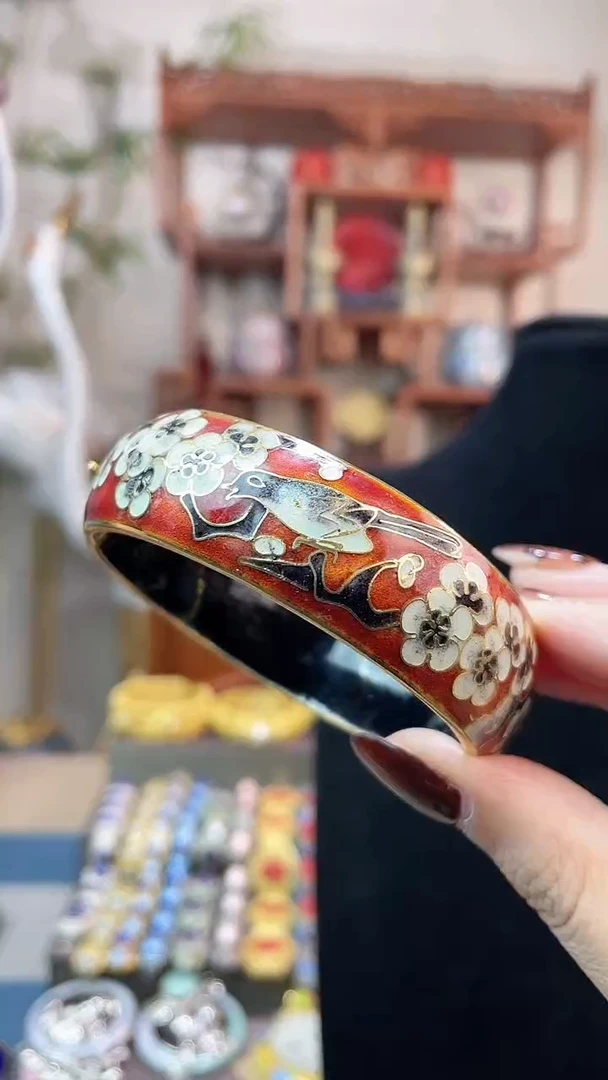 非遗手工景泰蓝开口银蓝镯子红色