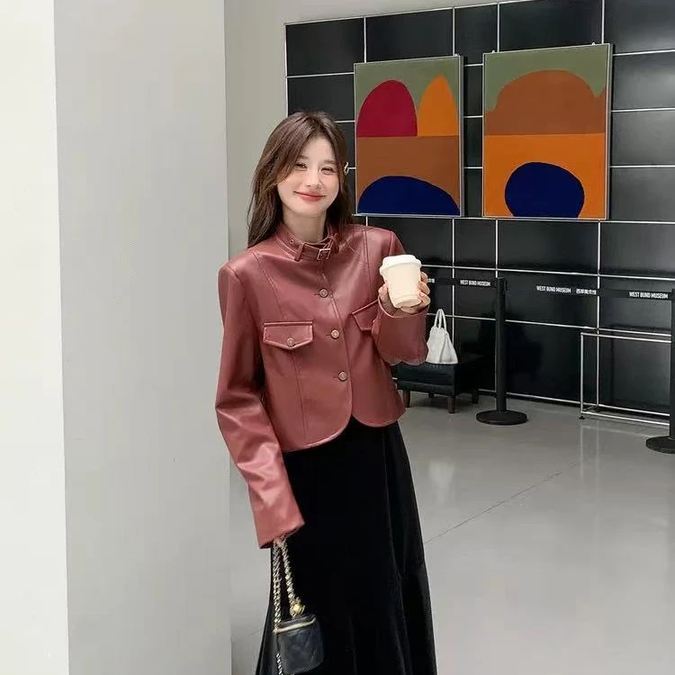 Yuanzhan/媛站秋季气质复古时尚套装皮衣韩版长袖短外套春季高腰
