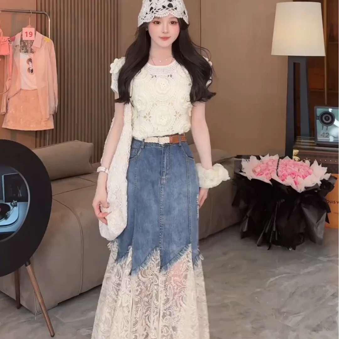 仙气飘飘2025夏季新款镂空短袖上衣+蕾丝花边牛仔半身裙两件套