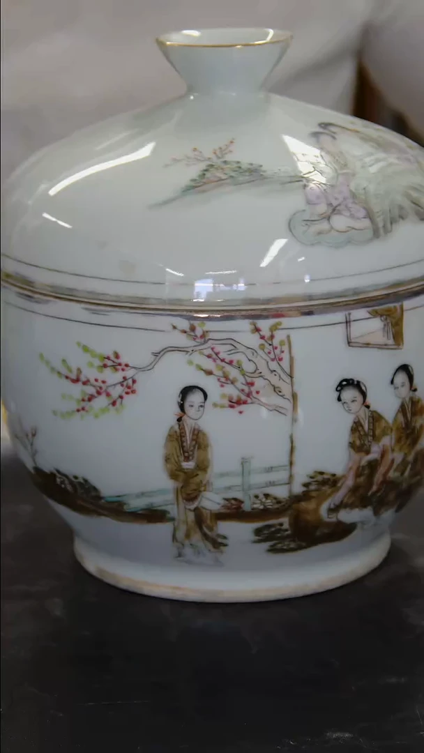 瓶浅绛彩仕女人物纹粥罐#487#