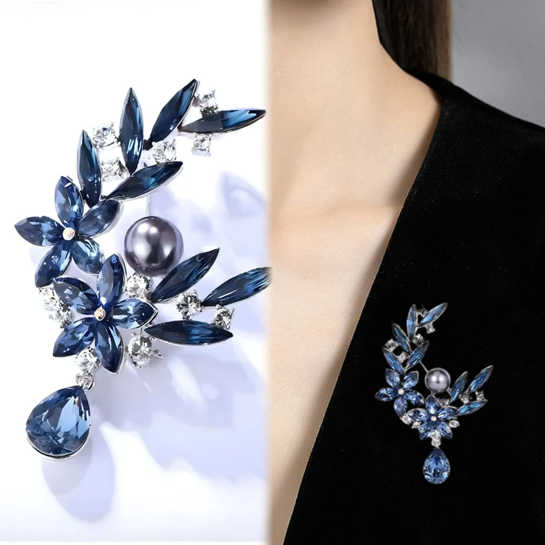 合金合成锆石胸针 蓝色贝珠春季晶花韩式轻微瑕疵介意勿拍