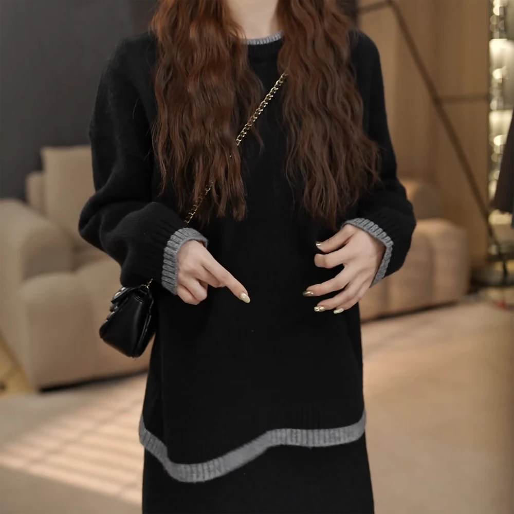 韩系慵懒风撞色圆领针织毛衣短裙两件套女冬季新年红色裙子套装