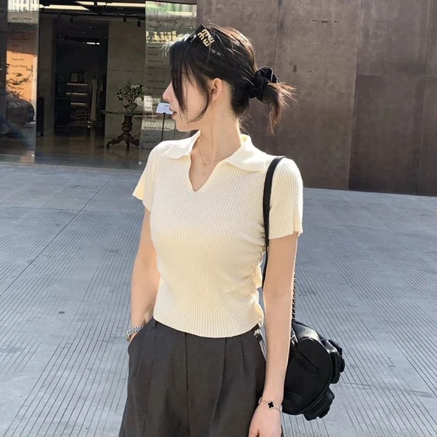 《猪猪出品》修身型短袖美式V领拉女T恤白色工装风欧美风510