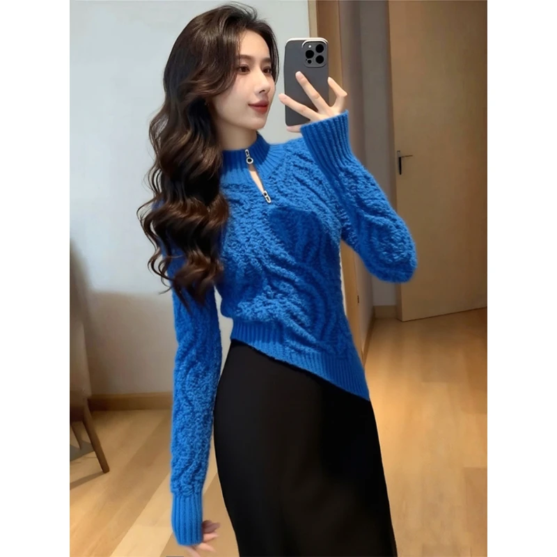 秋天巨好看的气质女士上衣慵懒高级感复古轻熟风蓝色针织衫毛衣女