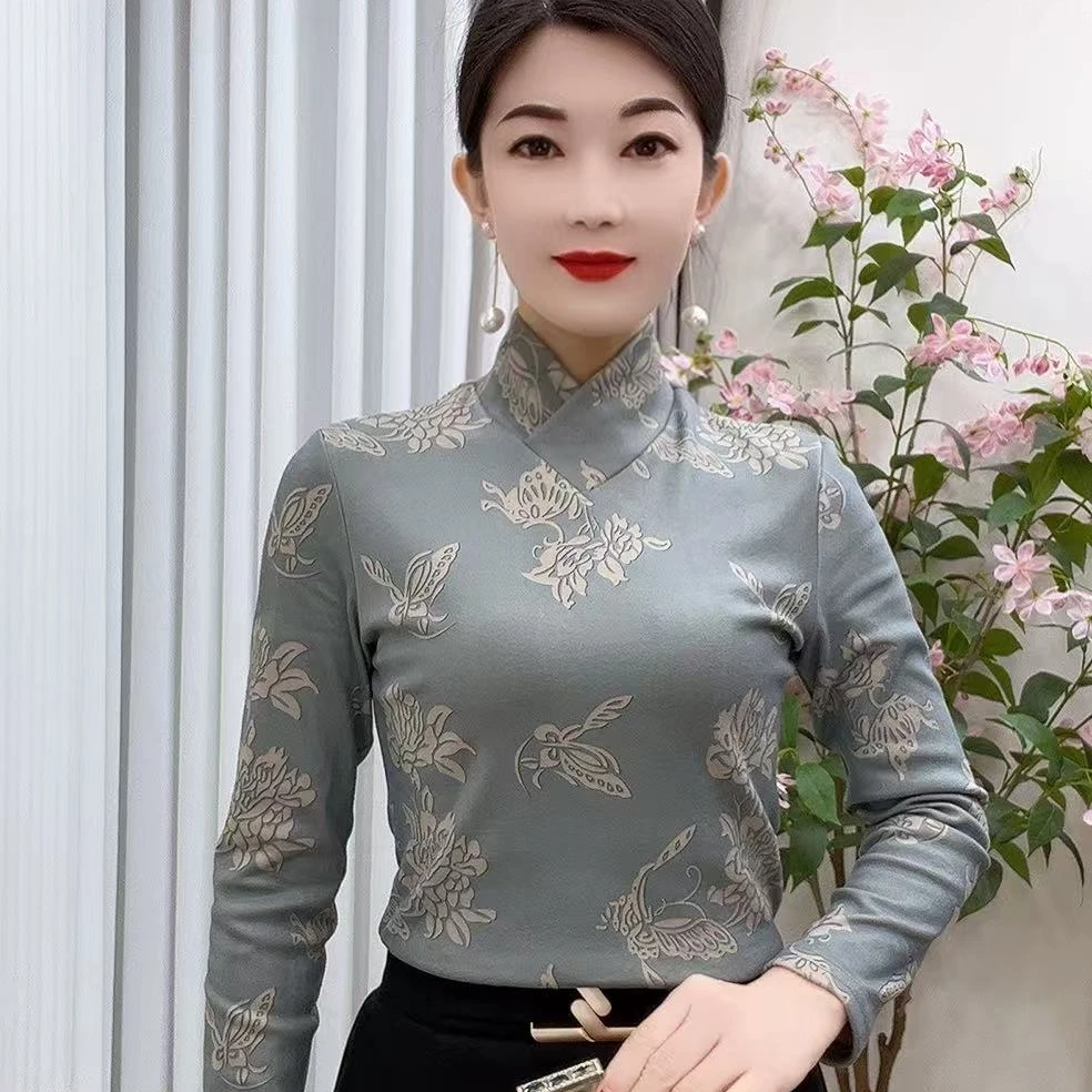 2907款新国风加绒长袖打底衫女士气质显瘦内搭洋气百搭上衣