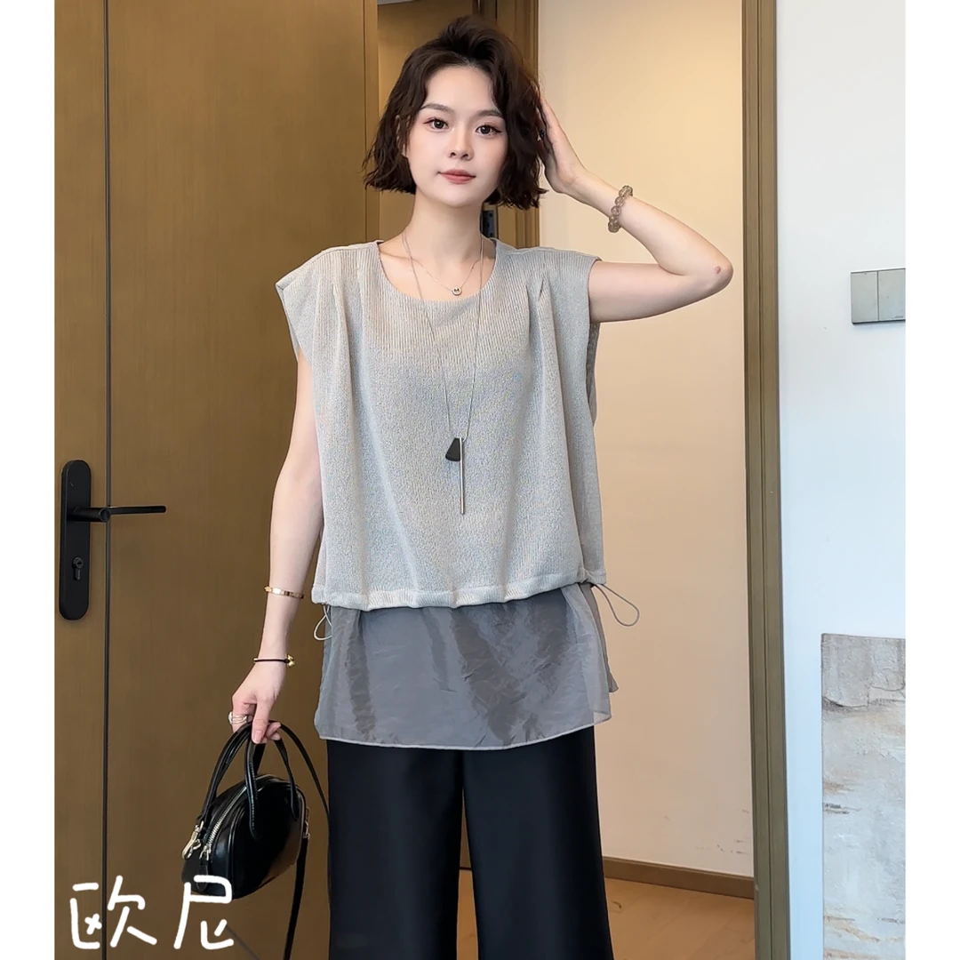 欧尼私服 2025夏圆领褶皱针织欧根纱假两件无袖T恤上衣2505C2929