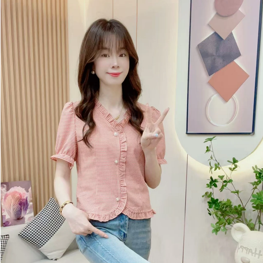 炬雅【花边格韵】新款时尚法式木耳花边设计感洋气百搭减龄衬衫上衣