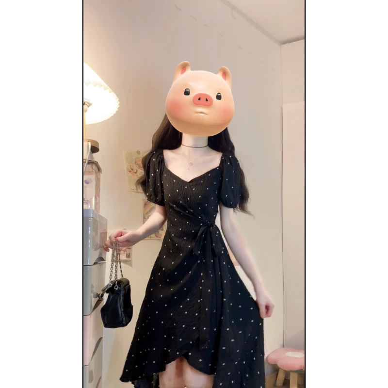 大码夏季新款黑色波点肌理感不规则裙摆A字裙短袖连衣裙法式裙子