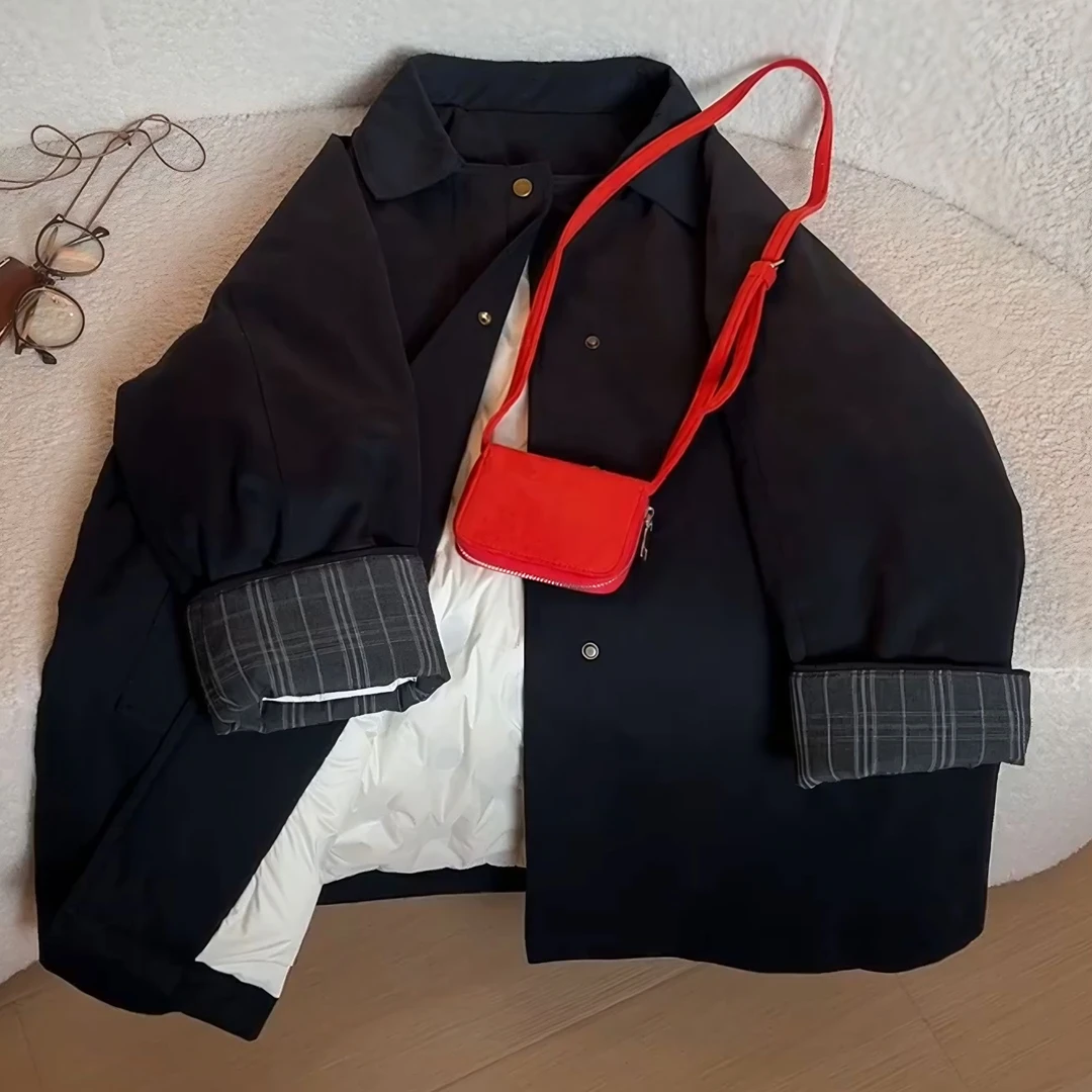 【90新国标白鸭绒】韩版高级感派克服女冬季新款挽袖翻领2026羽绒服