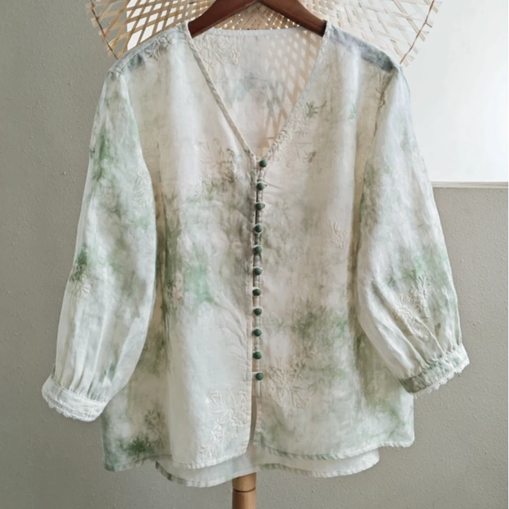 BRCP/布然初品春夏苎麻刺绣炒色衬衫薄款印花长袖休闲110