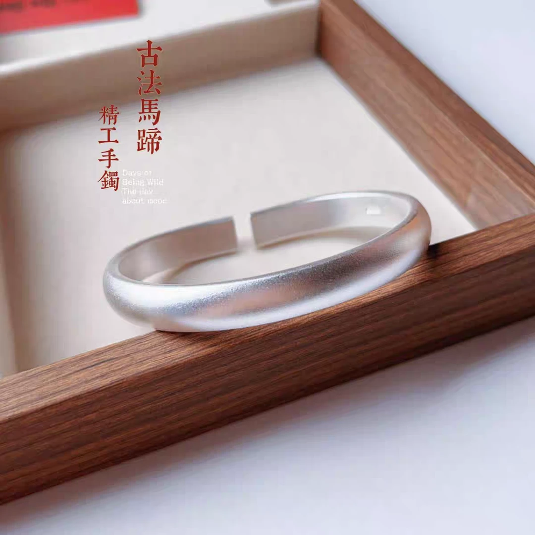 足银手镯 999.9古法素圈泥鳅背素圈马蹄镯经典实心开口女款银手镯