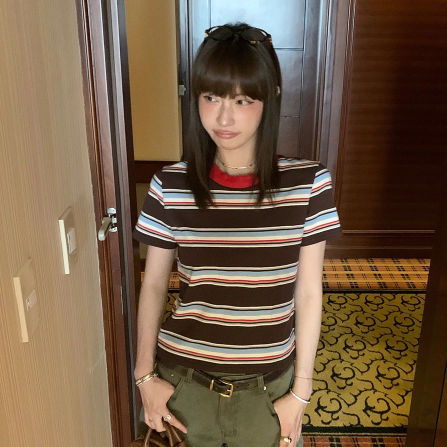 彩色撞色条纹T恤女2025新款夏季美式休闲宽松慵懒设计感短袖上衣