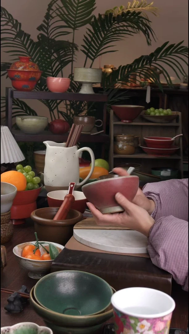 碗景德镇手工高温餐具桃红斗笠