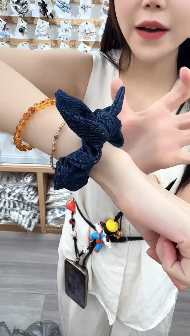 布艺非金属牛仔蓝布艺蝴蝶结发圈