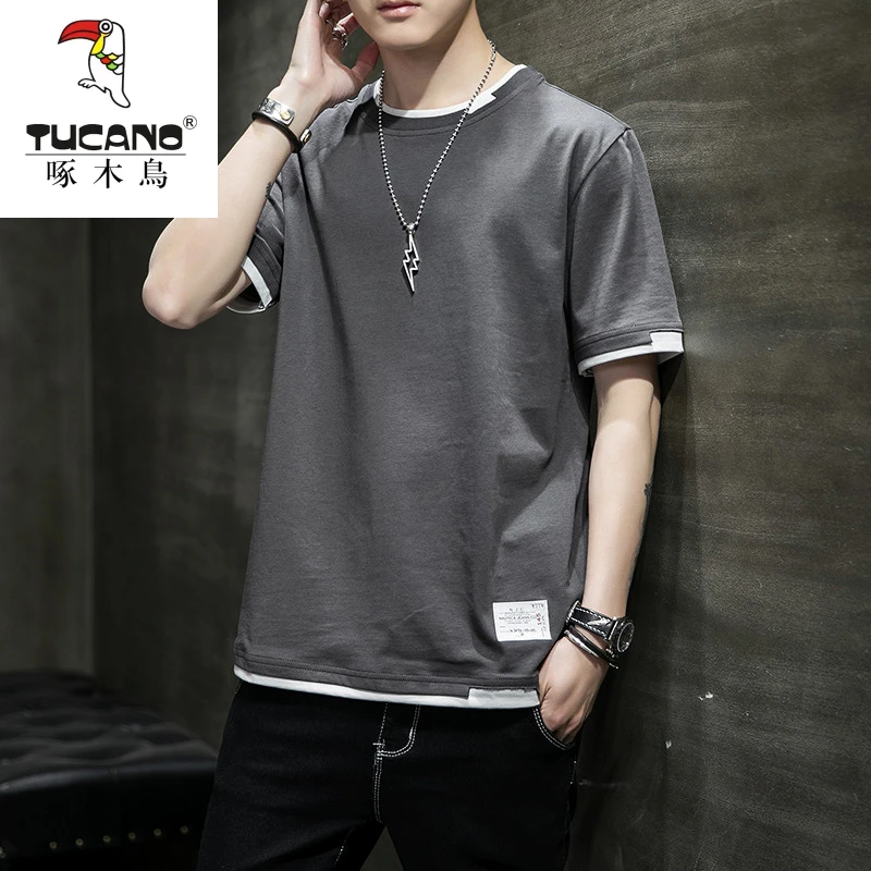 啄木鸟男士夏季潮流纯棉圆领短袖T恤带字ins韩版学生假两件半袖