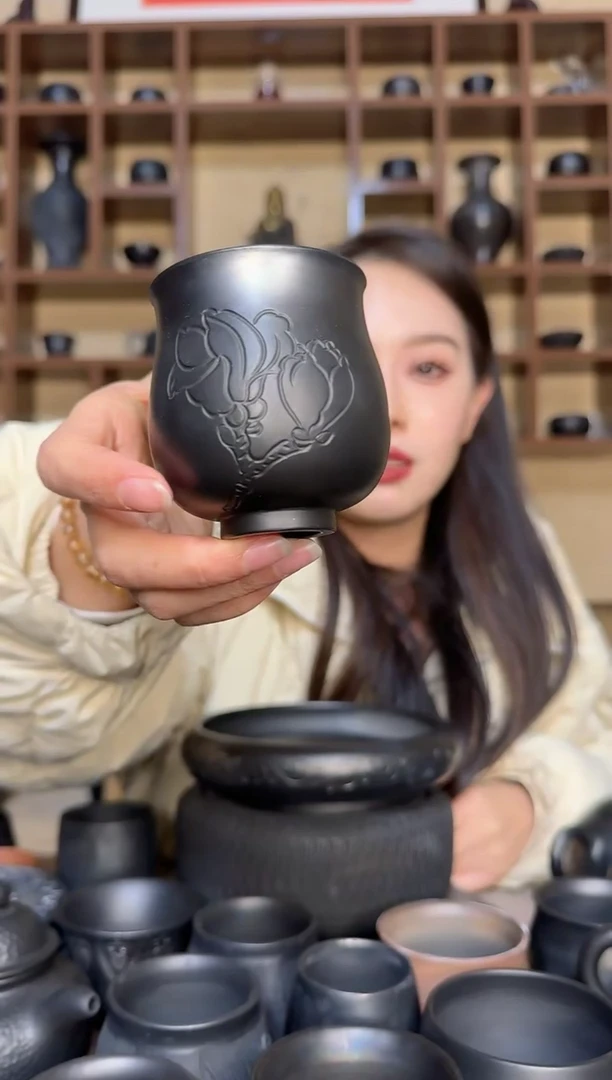 手工神农黑陶玉兰杯