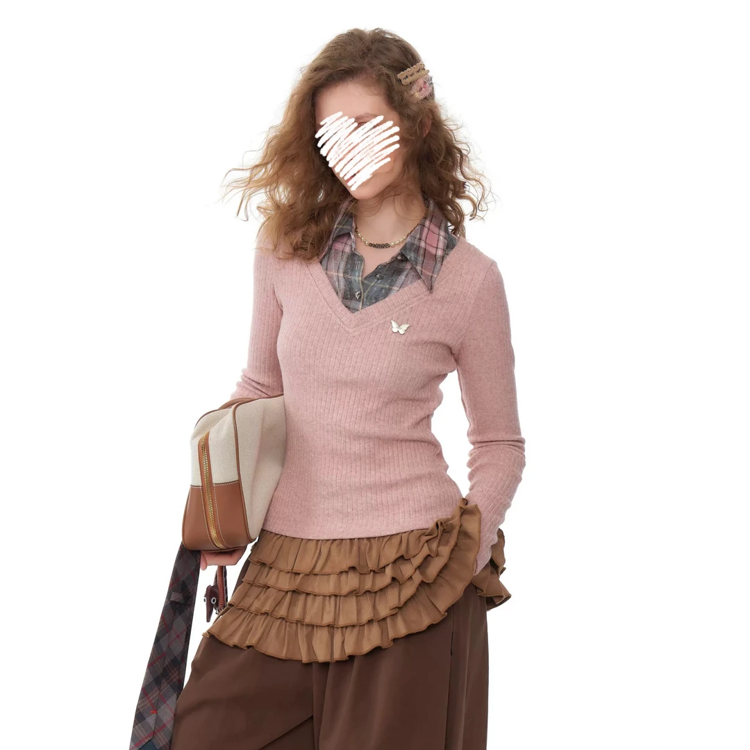 秋冬美式复古设计感假两件上衣修身显瘦polo领针织衫女