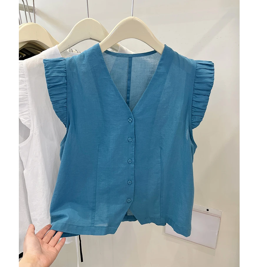 欧货高端上衣飞飞袖衬衫夏2025新款设计网红百搭洋气小衫无袖上衣