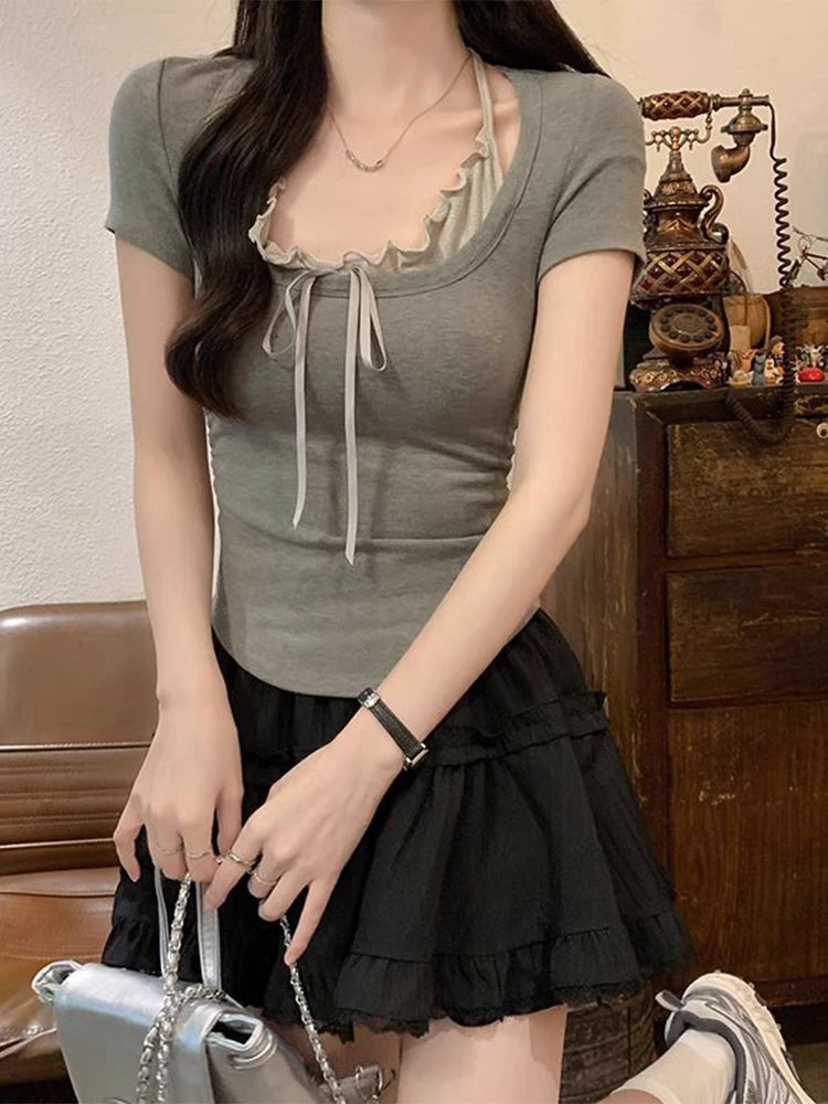 瑕疵011-020 短袖蕾丝短款休闲修身奶油风T恤显瘦高腰针织嘻哈风