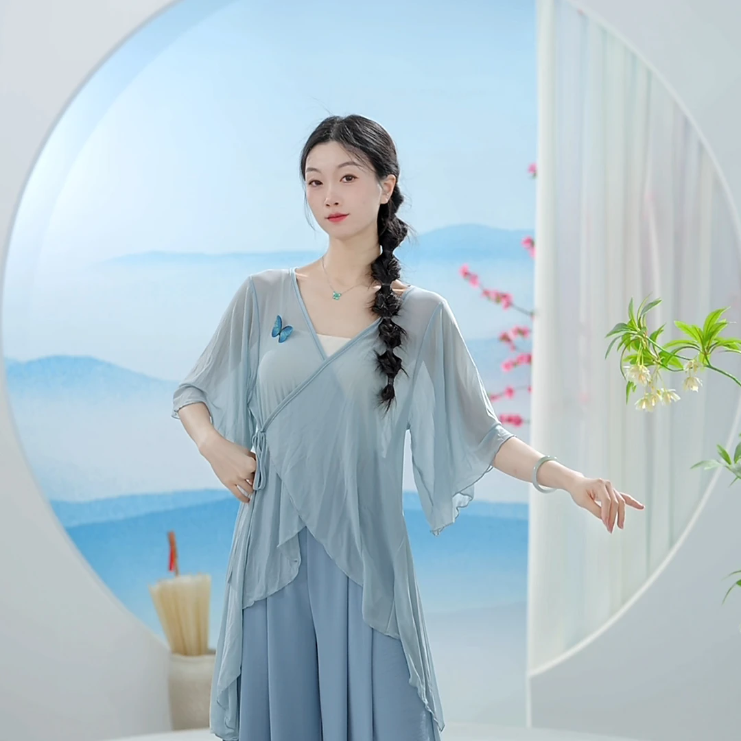 3607 D现代舞蹈服成人女系带宽松新中式网纱蝴蝶开衫