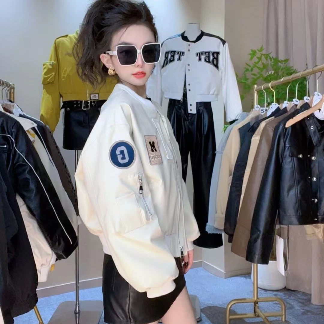 春秋时尚百搭立领潮流拼接韩版女士ins短皮外套