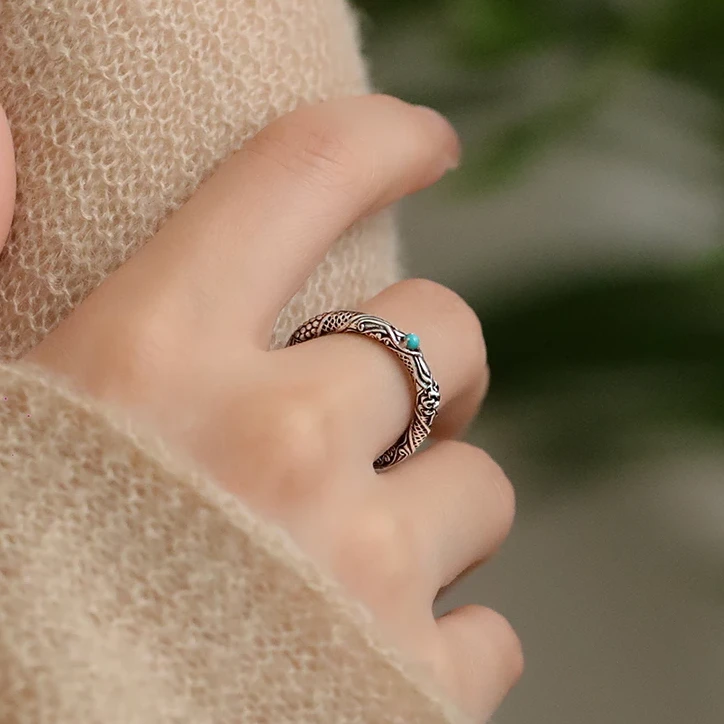 <一禅兄>S925银绿松镶嵌做旧戒指  3.8g  小众设计感