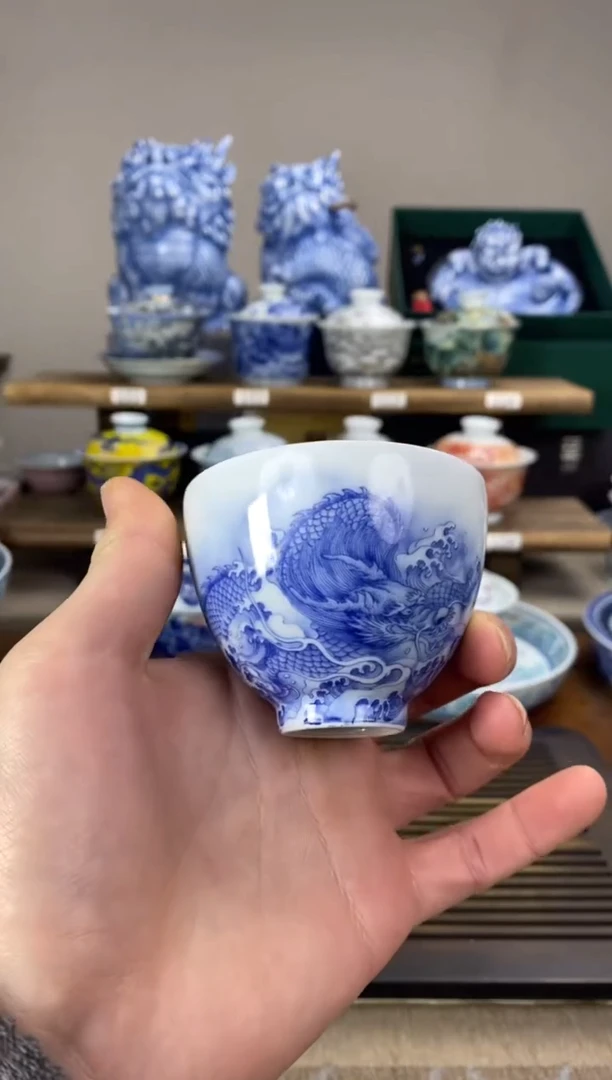【闪购商品】青花鱼化龙鸡心杯景德镇高温瓷