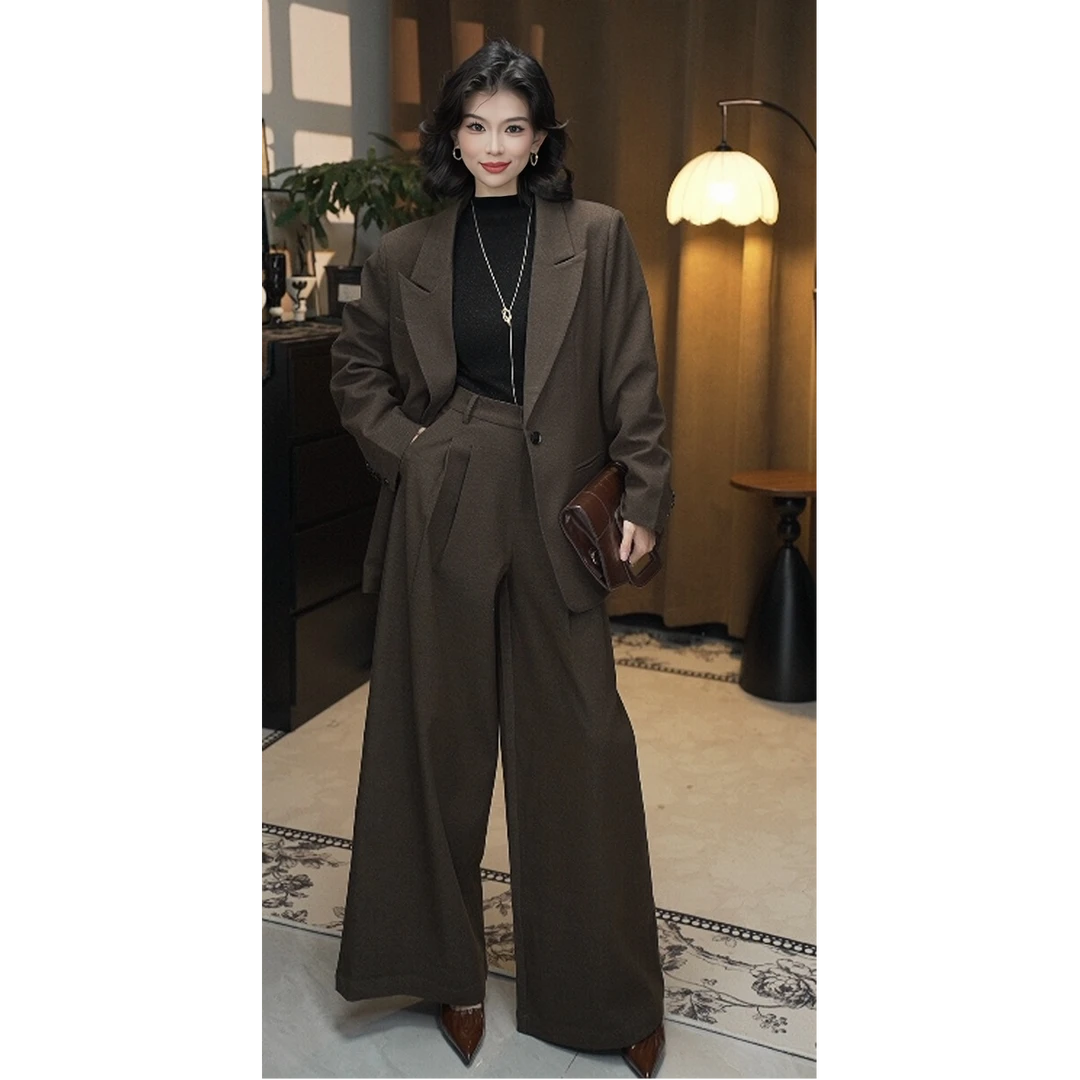 【韩一一专属】枪驳领羽绒西装两件套女  宽松廓形外套+高腰阔腿裤