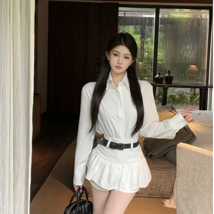 白色Polo领长袖衬衫女秋季时尚套装高腰荷叶边a字裙裤短裙两件套