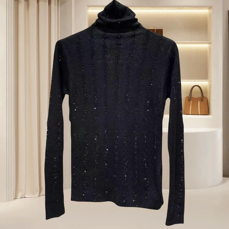 2025秋季轻奢重工烫钻条纹高领内搭长袖打底衫设计感时尚气质女装