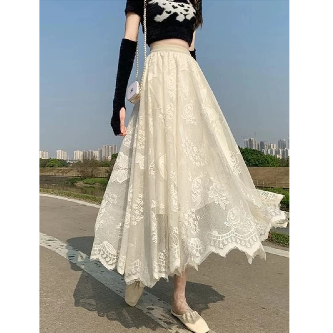 早秋网纱超大摆a字裙镂空钩花松紧腰胖mm显瘦中长款半身裙