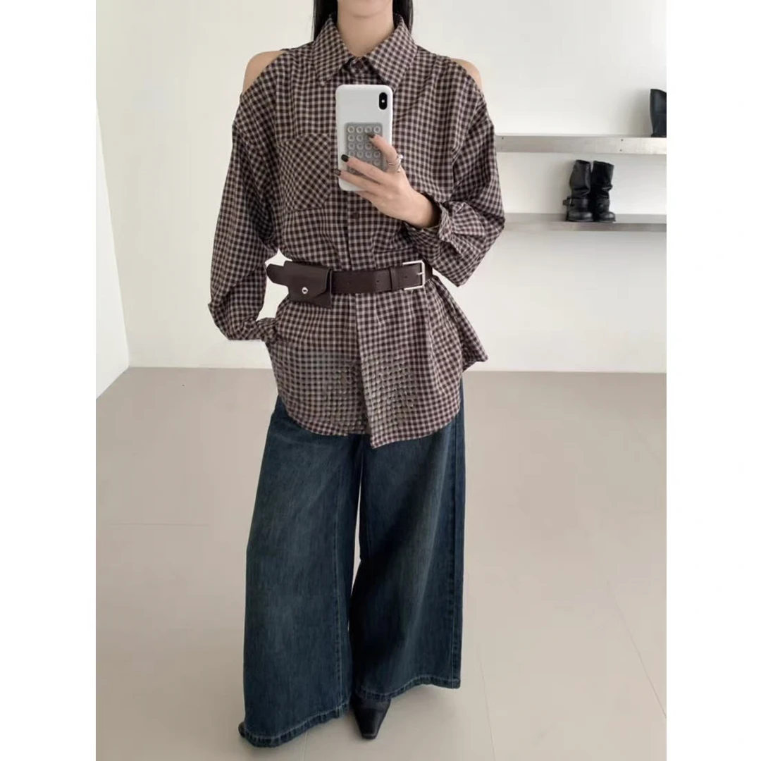 2025年爆款推荐秋季新款女装休闲复古格纹棉质长袖开襟衬衫上衣