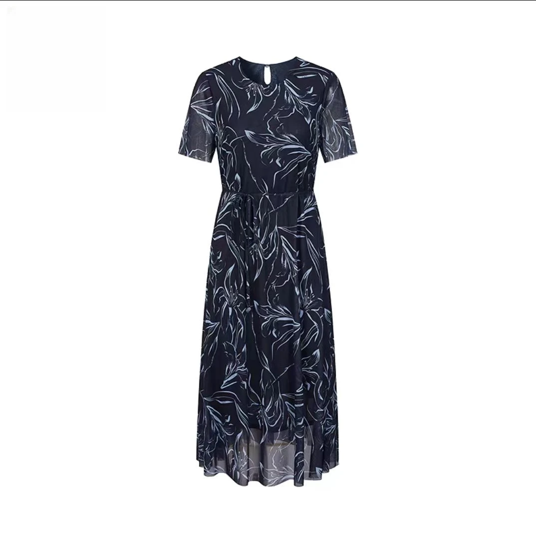 【玖】25年夏季修身印花圆领优雅连衣裙-JZ5007