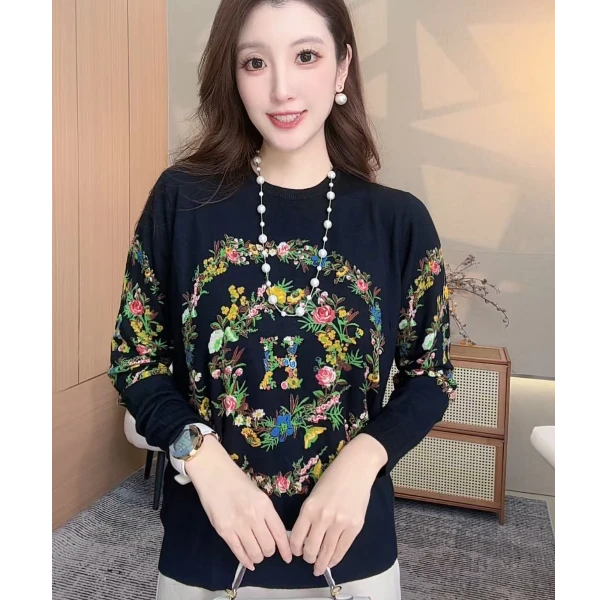 秋冬小众设计花色洋气百搭宽松显瘦时尚长袖印花套头圆领针织衫