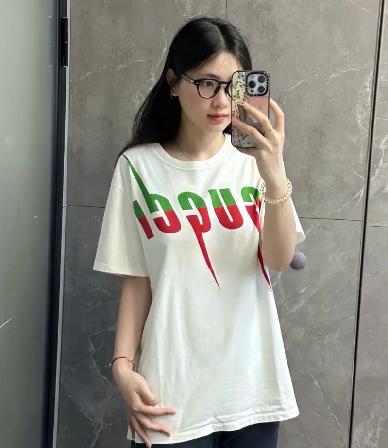 95新 GUCCI/古驰 HM0663 白色logo字母印花棉质圆领短袖T恤 L码