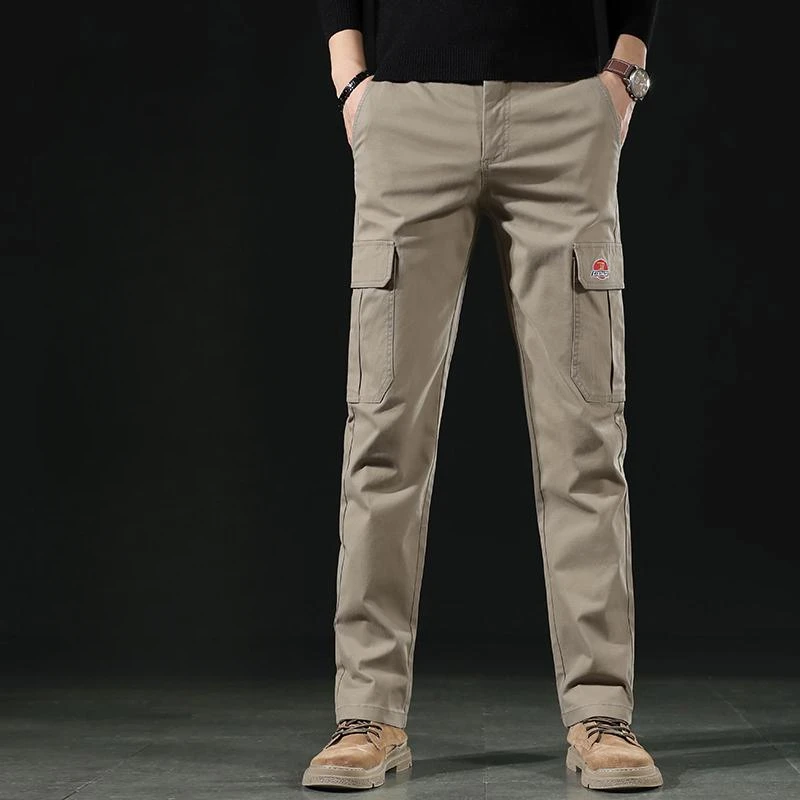 高端卡其色男士纯棉休闲裤直筒宽松春秋款多口袋工装裤子2025新款