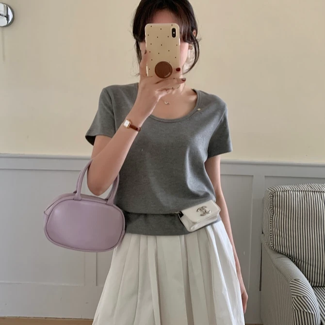 FUJIA STYLE新款气质休闲韩版简约U领短袖T恤T95012