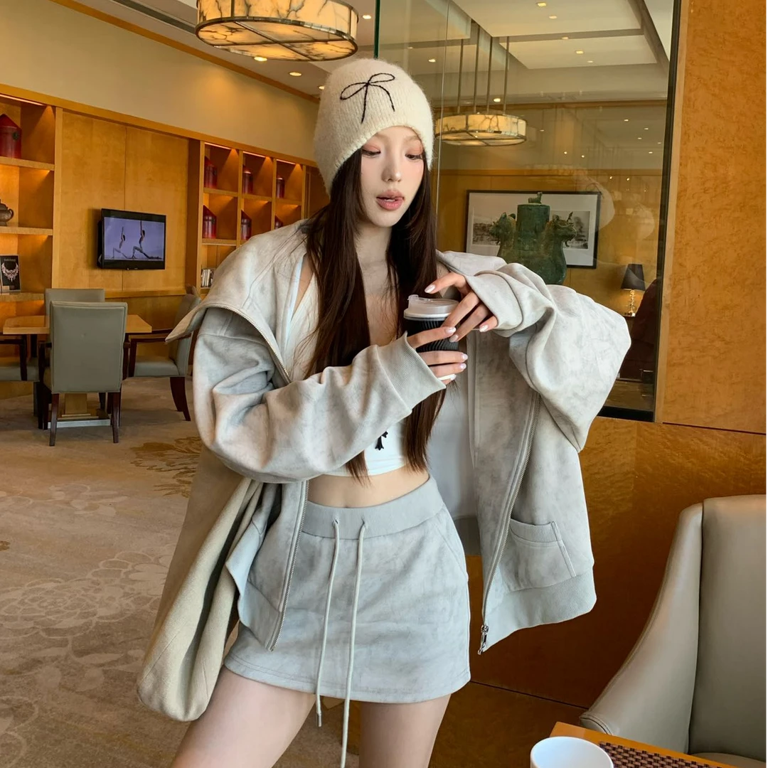 2025早秋时尚连帽宽松韩版卫衣外套百搭高腰显瘦a字包臀短裙休闲