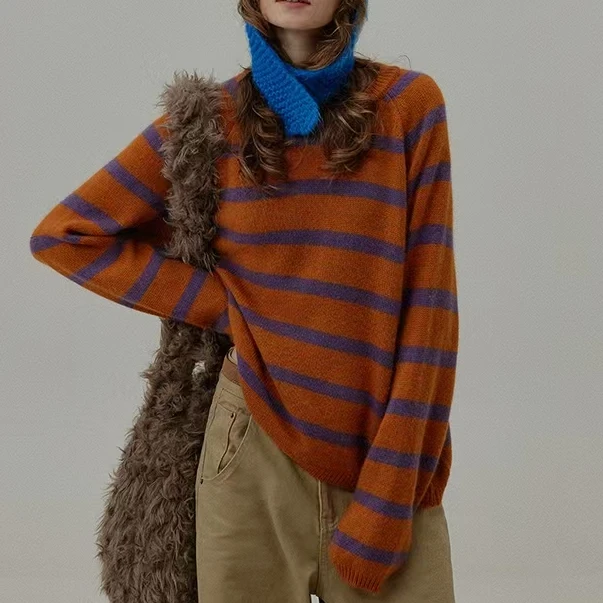 【拼色条纹-橘】经典复古条纹圆领软糯针织衫慵懒风柔软套头上衣