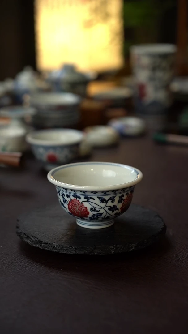 41号景德镇全手工手绘青花釉里红缠枝莲压手杯（大）