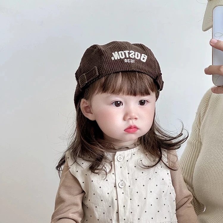 韩系儿童鸭舌帽秋冬灯芯绒男童女童贝雷帽宝宝正反戴前进帽棒球帽